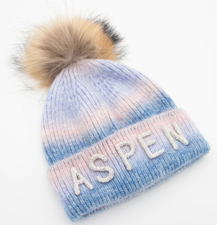 Crystal Aspen Knit Beanie With Raccoon Pom