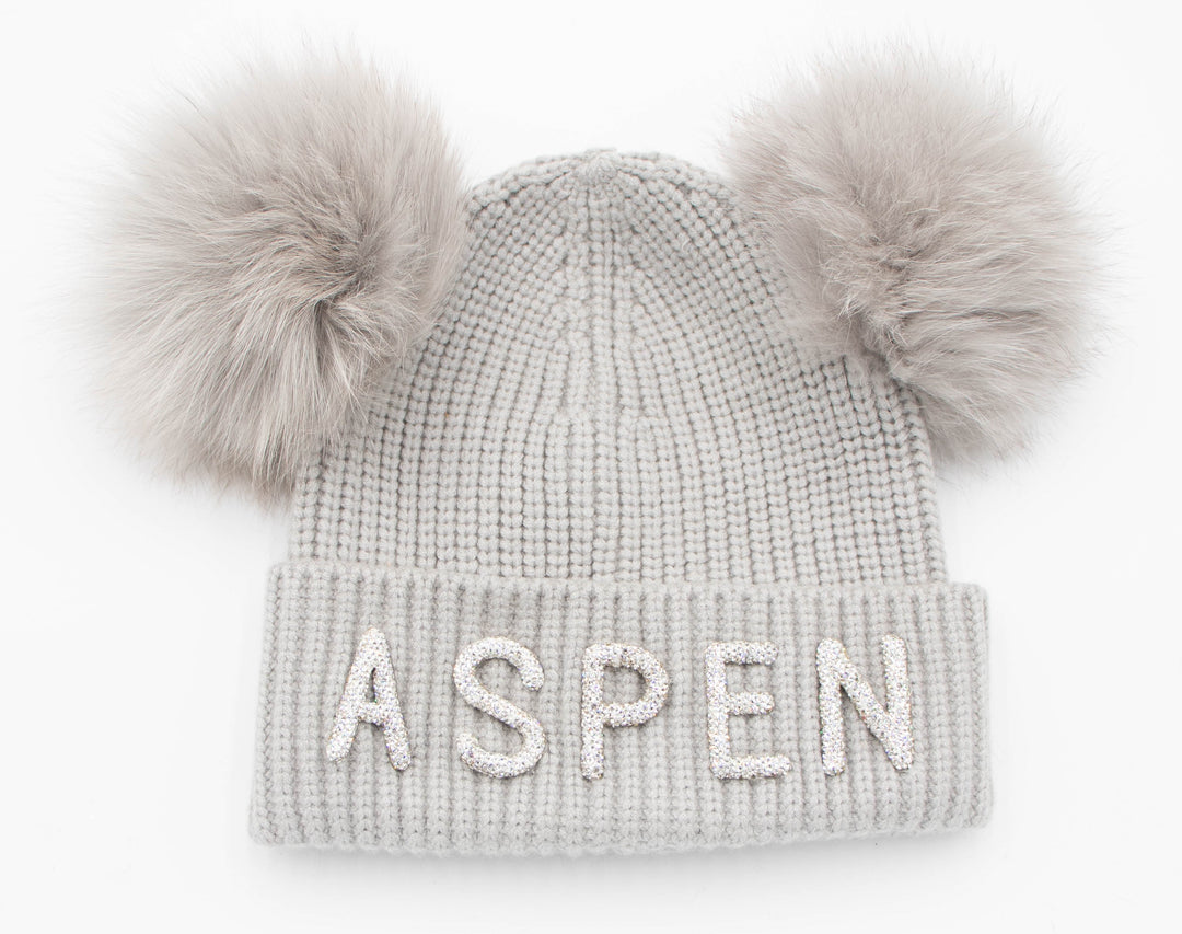 Crystal Aspen Knit Beanie With Double Fox Pom