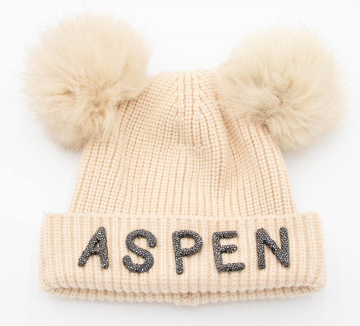 Crystal Aspen Knit Beanie With Double Fox Pom