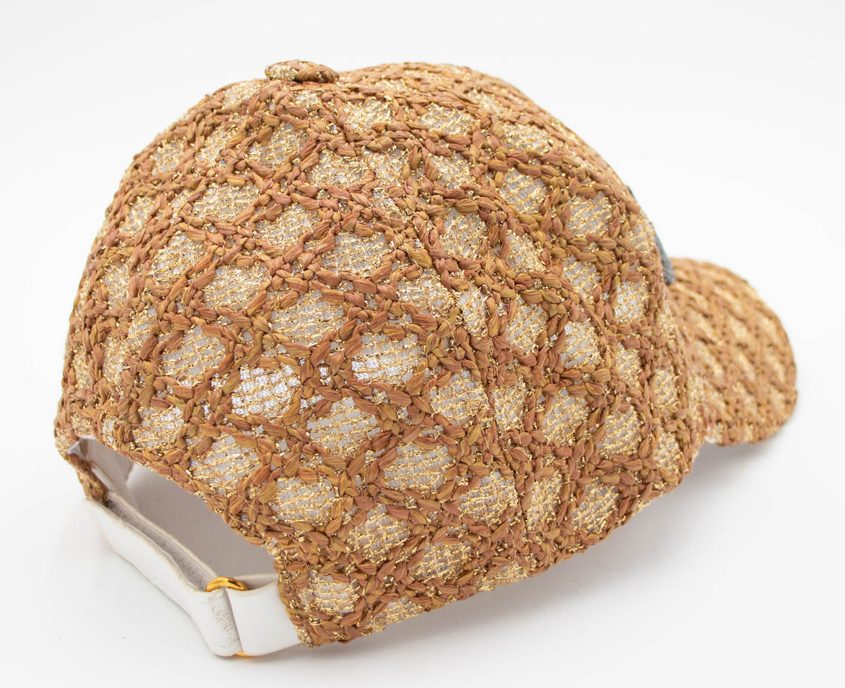 Back view of the Vail Crystal Sparkle baseball cap showing the tan woven mesh crown and white adjustable back strap.