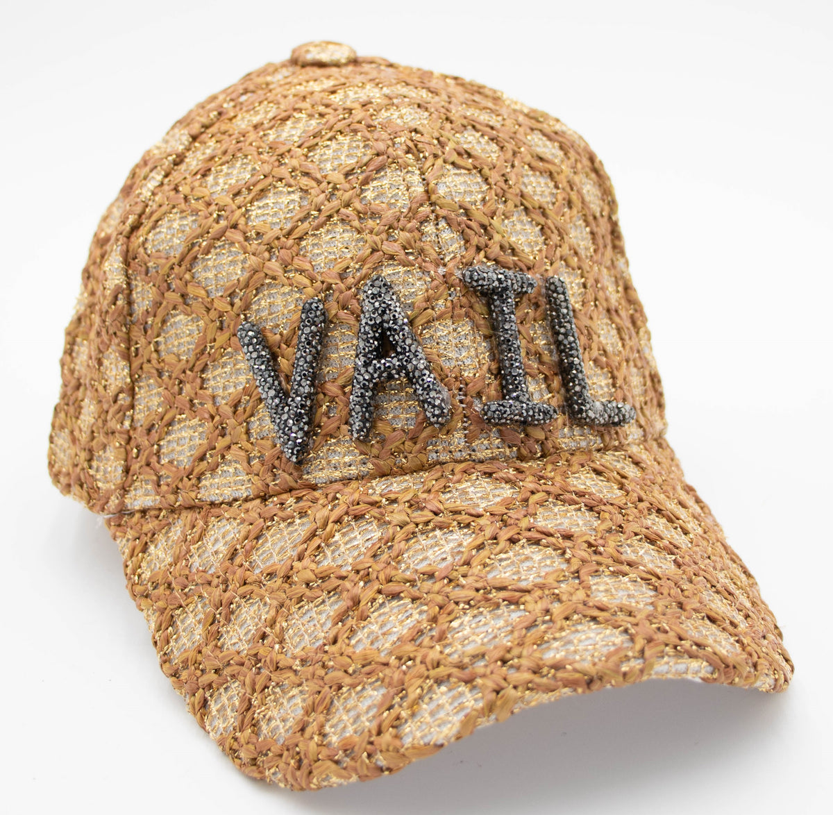 Vail Crystal Sparkle baseball cap with dark crystal VAIL lettering on a tan woven mesh crown, front view on white.