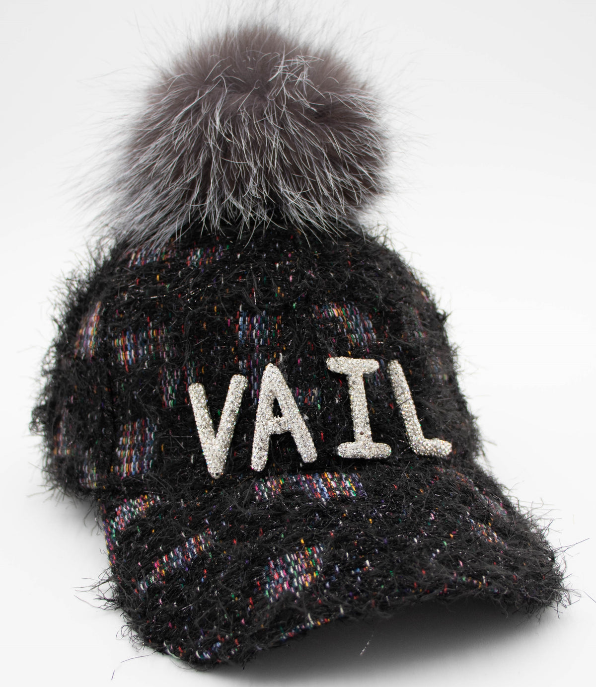 Black fuzzy knit Vail cap with crystal VAIL lettering, multicolor flecks, and a gray fur pom.