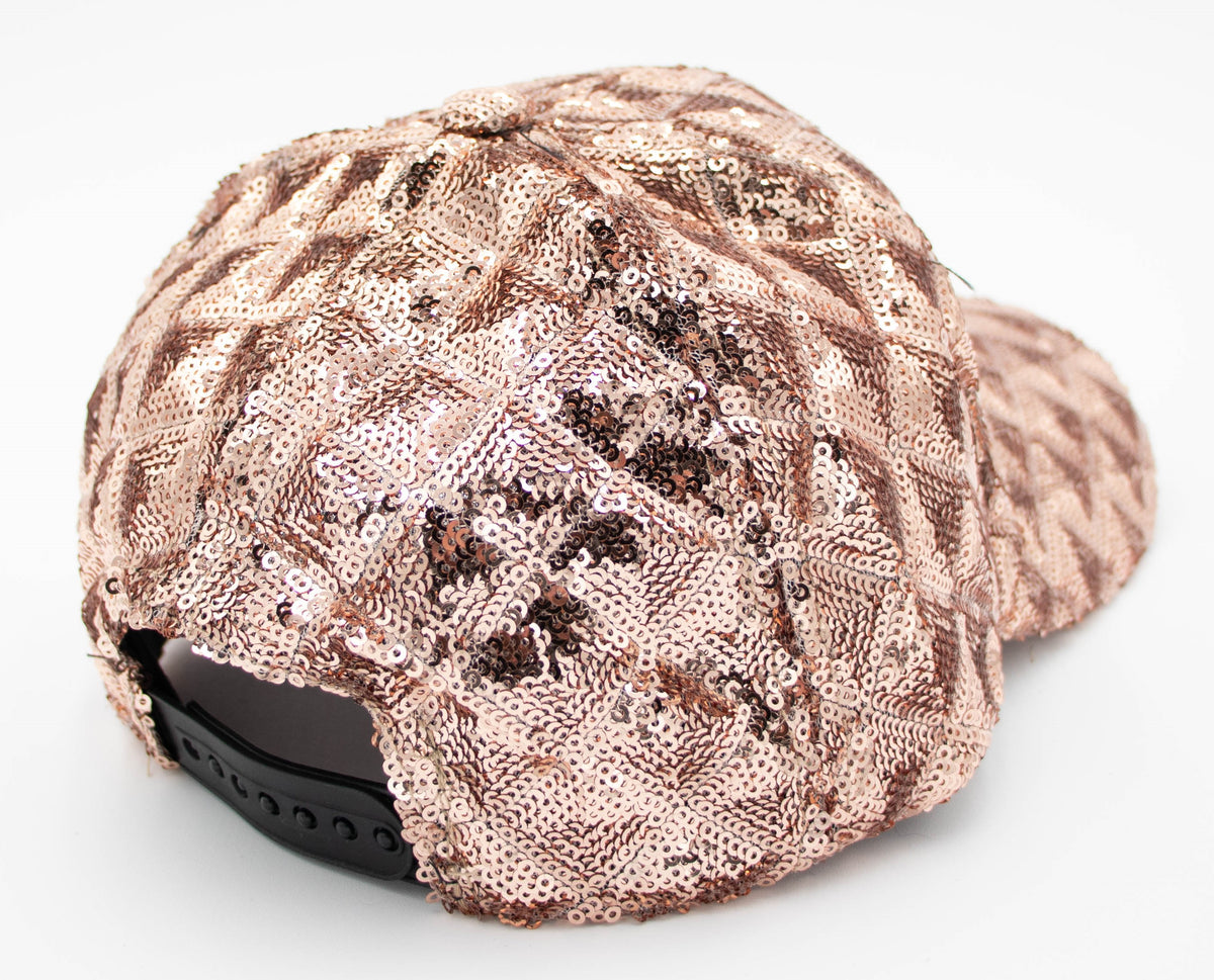 Back view of the Sequin Vail baseball cap showing rose gold sequins and the snapback closure.