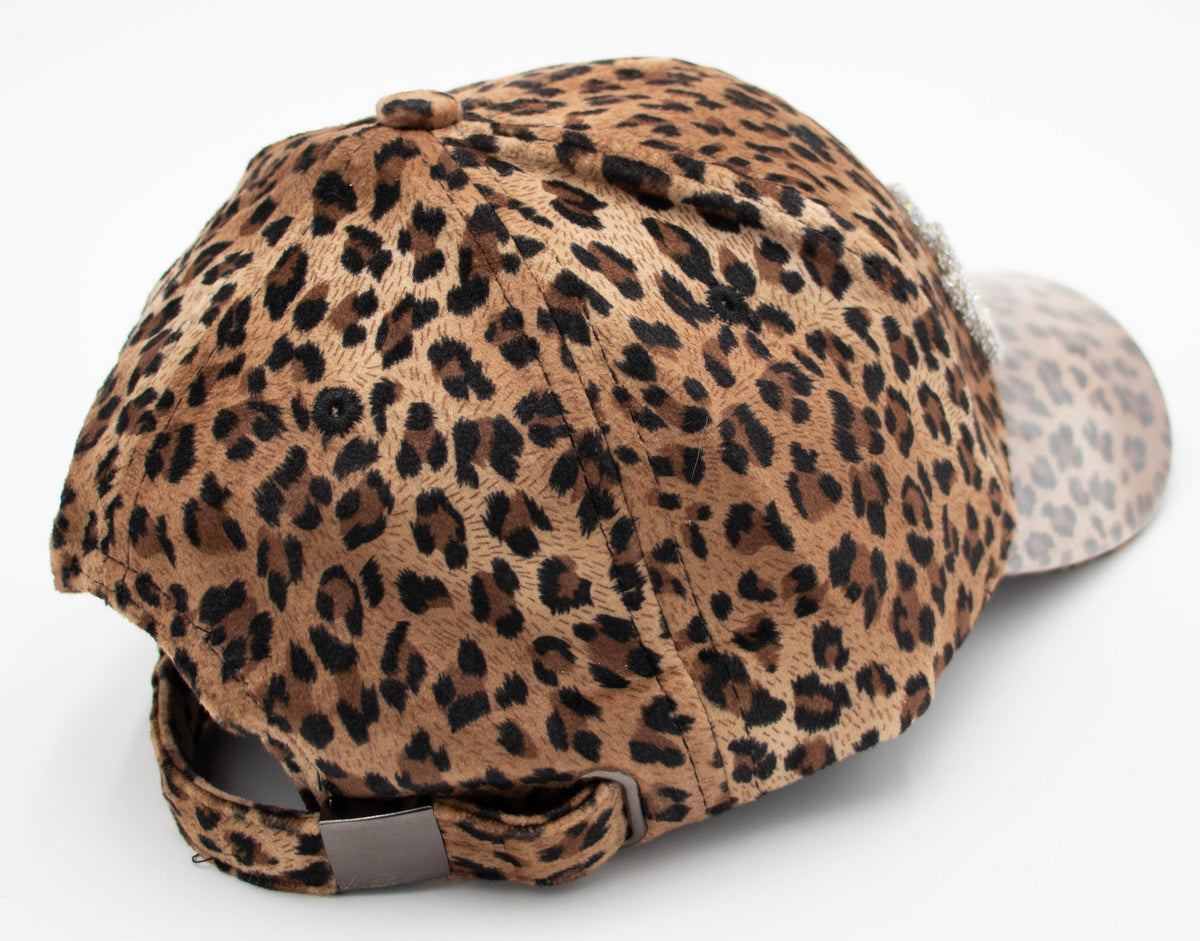 Back view of the Crystal Vail leopard print ball cap showing the all-over leopard pattern and adjustable strap.
