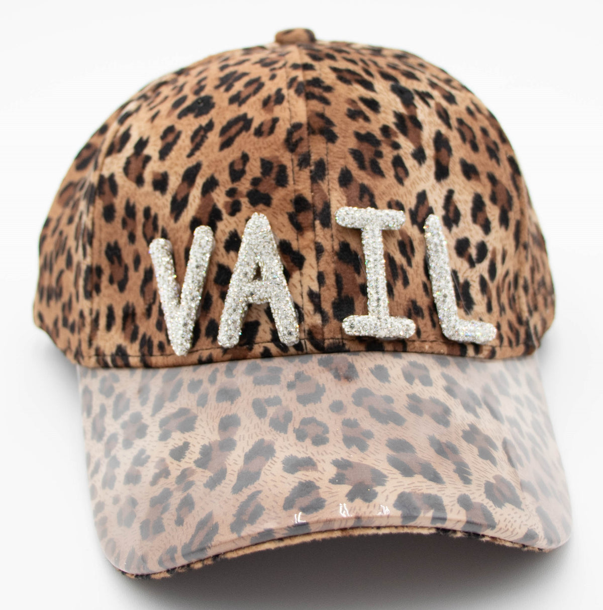 Crystal Vail leopard print ball cap with sparkling crystal VAIL lettering and a clear glossy brim, front view.