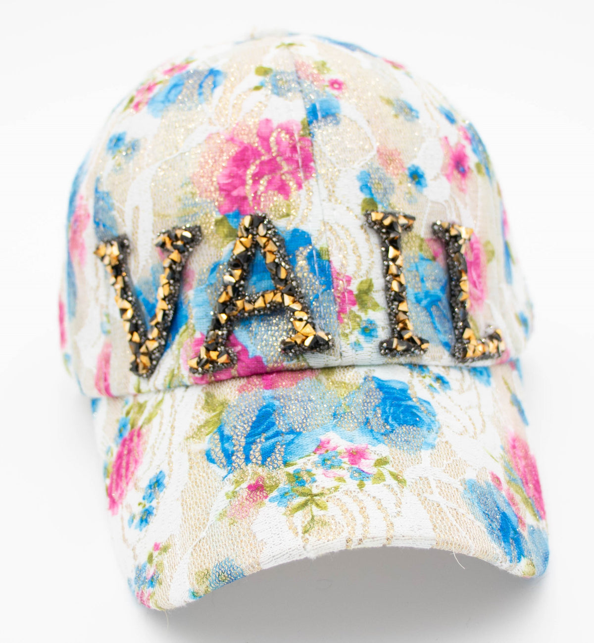 Crystal Vail floral cap with pink and blue flower print and gold crystal VAIL lettering, front view.