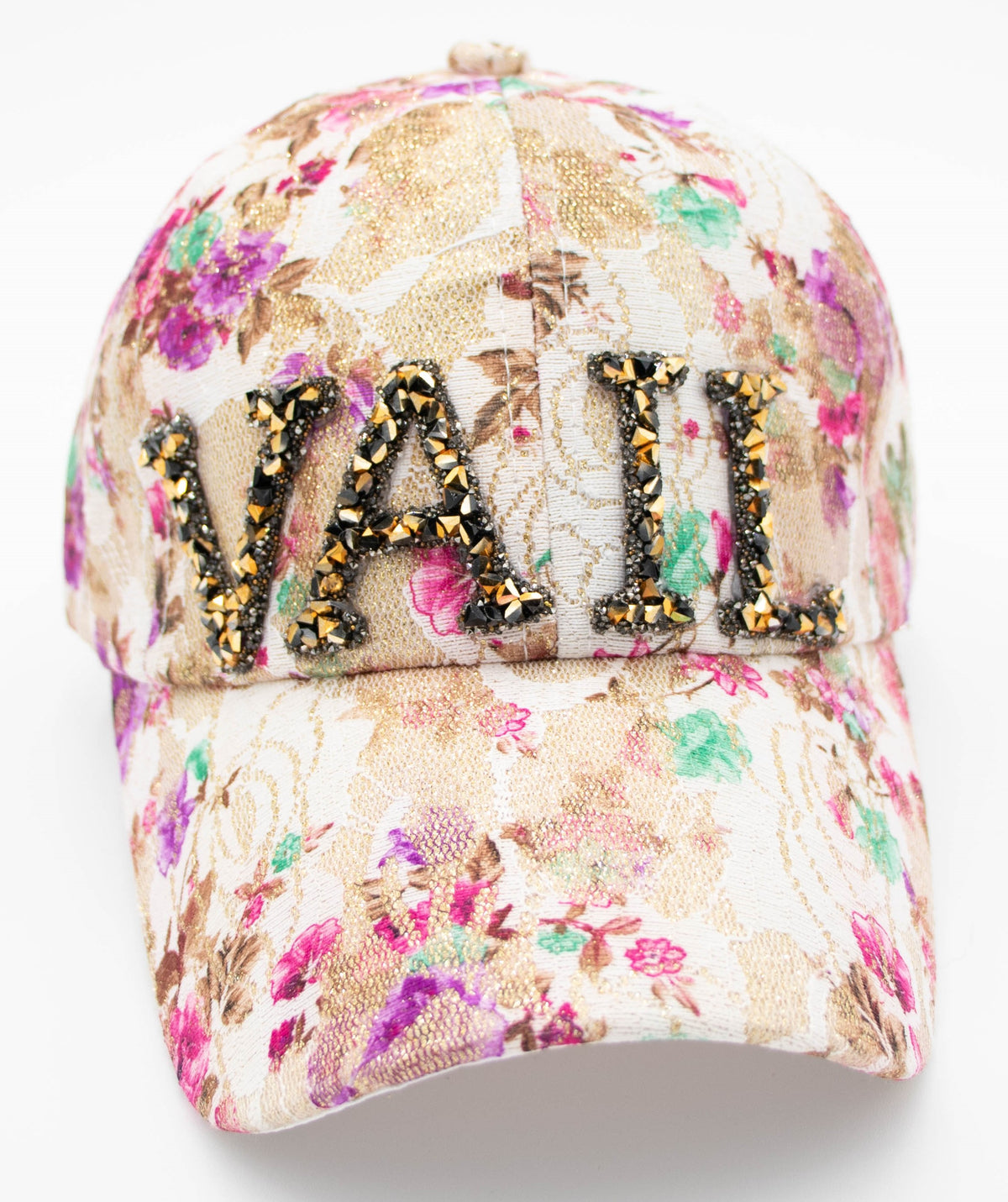 Crystal Vail floral baseball cap with pink and purple blooms and black crystal-studded VAIL letters, front view.