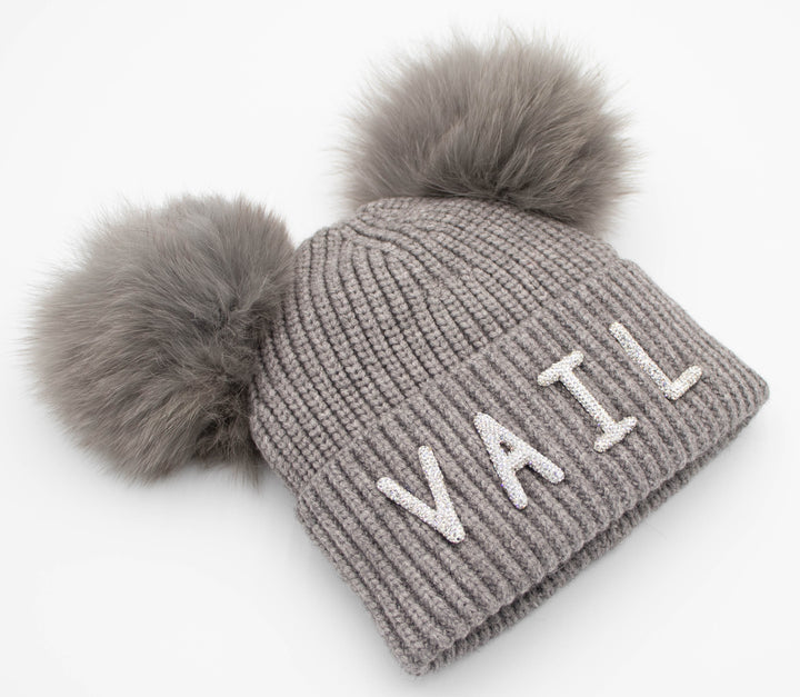Crystal Vail Knit Beanie With Double Fox Pom
