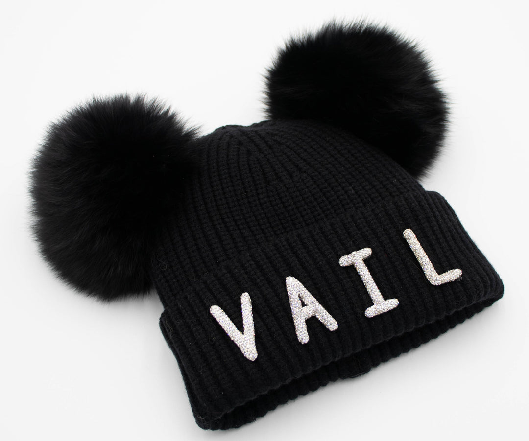 Crystal Vail Knit Beanie With Double Fox Poms