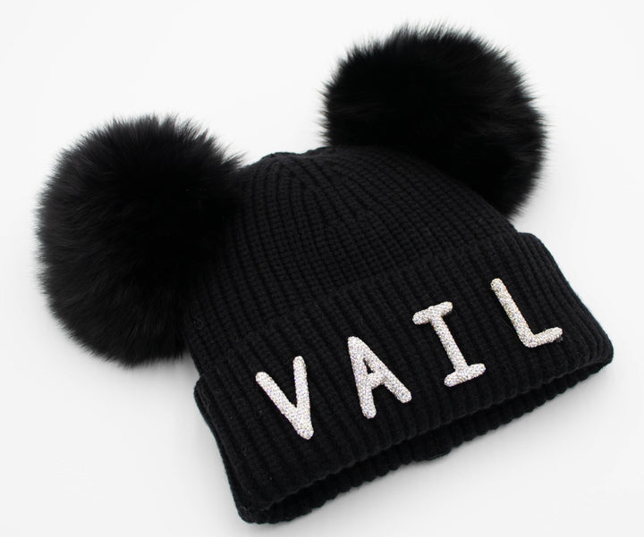 Crystal Vail Knit Beanie With Double Fox Poms