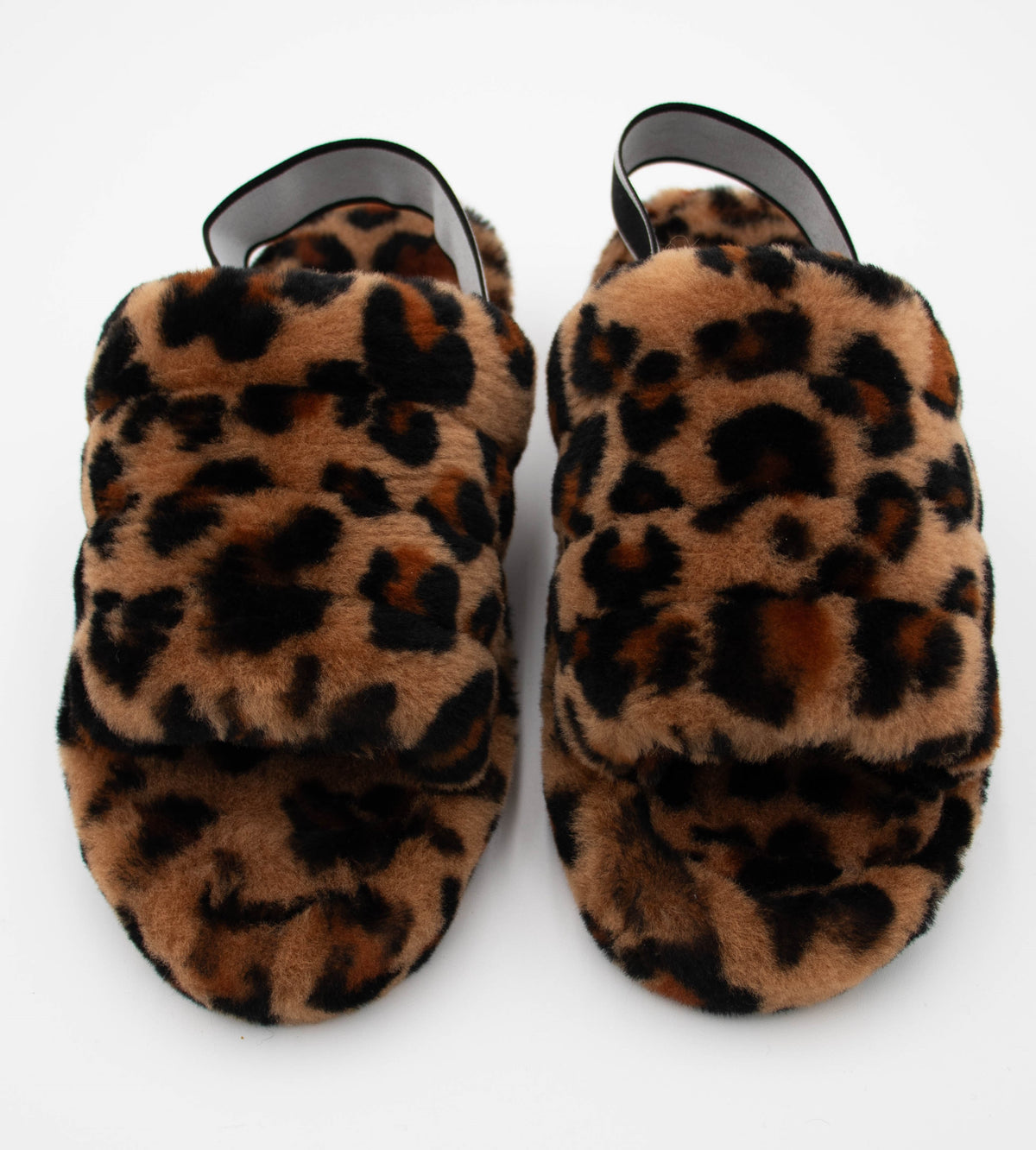 Pair of leopard print open-toe sheepskin slippers with plush fur uppers and black elastic heel straps, front view.