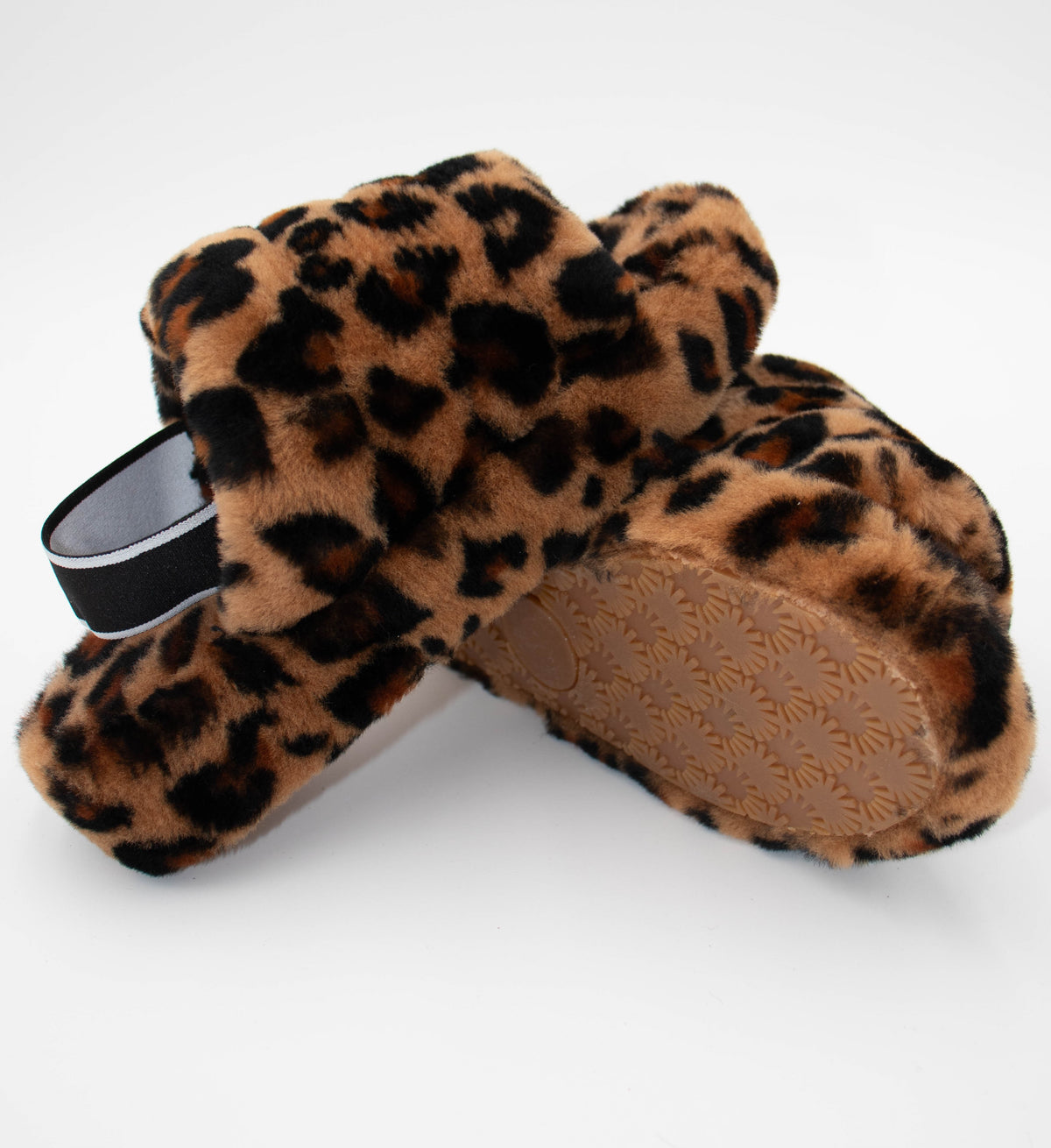 Leopard print sheepskin slippers showing the tan rubber outsole with embossed pattern and black elastic heel strap.