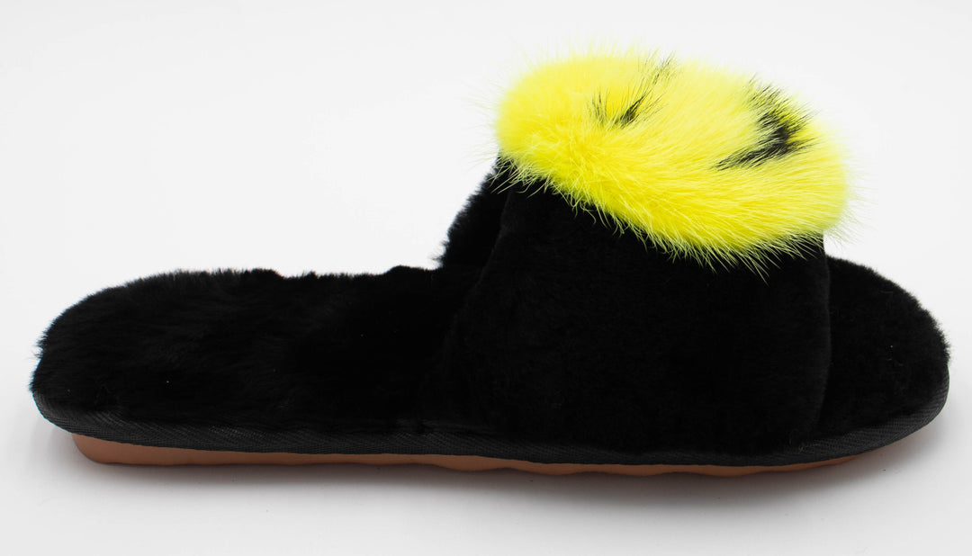 Sheepskin Sandal With Mink Smiley Face Slippers