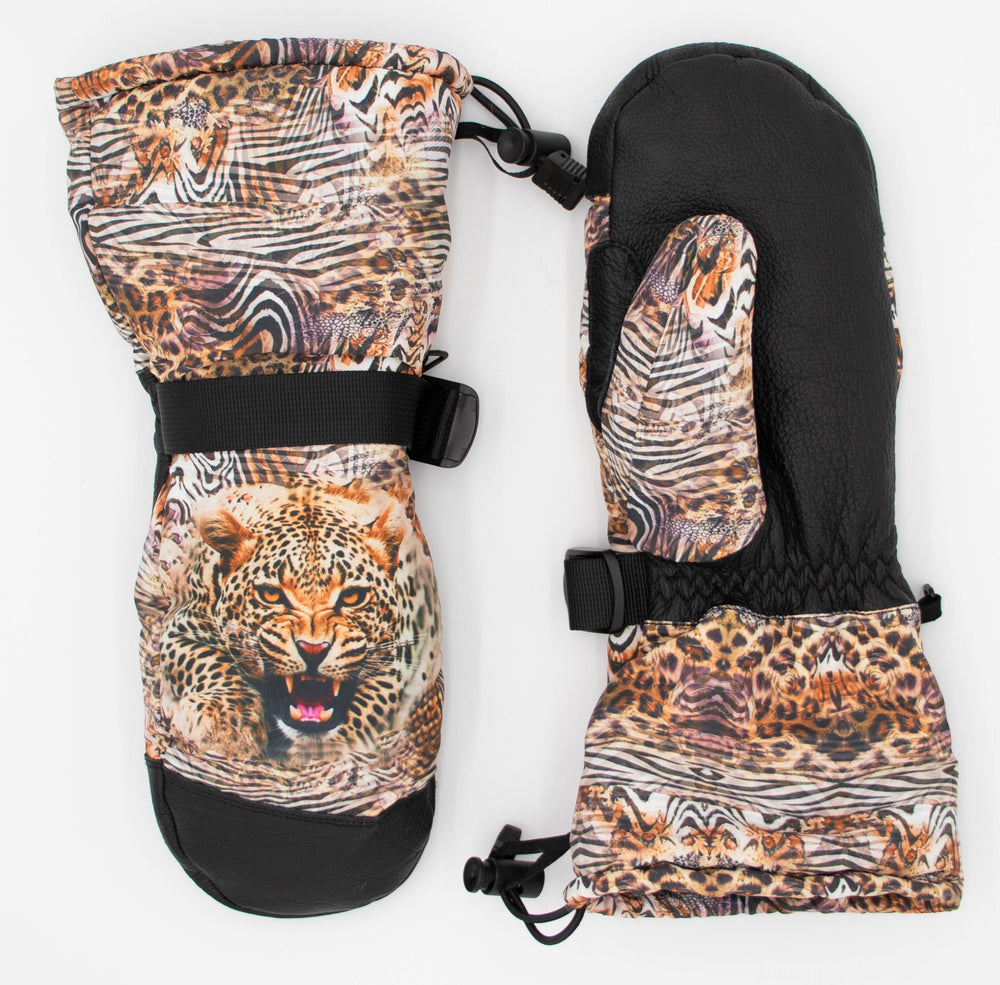 Pair of cheetah print ski mittens with roaring cheetah face, zebra-stripe accents, and black palms, studio shot.