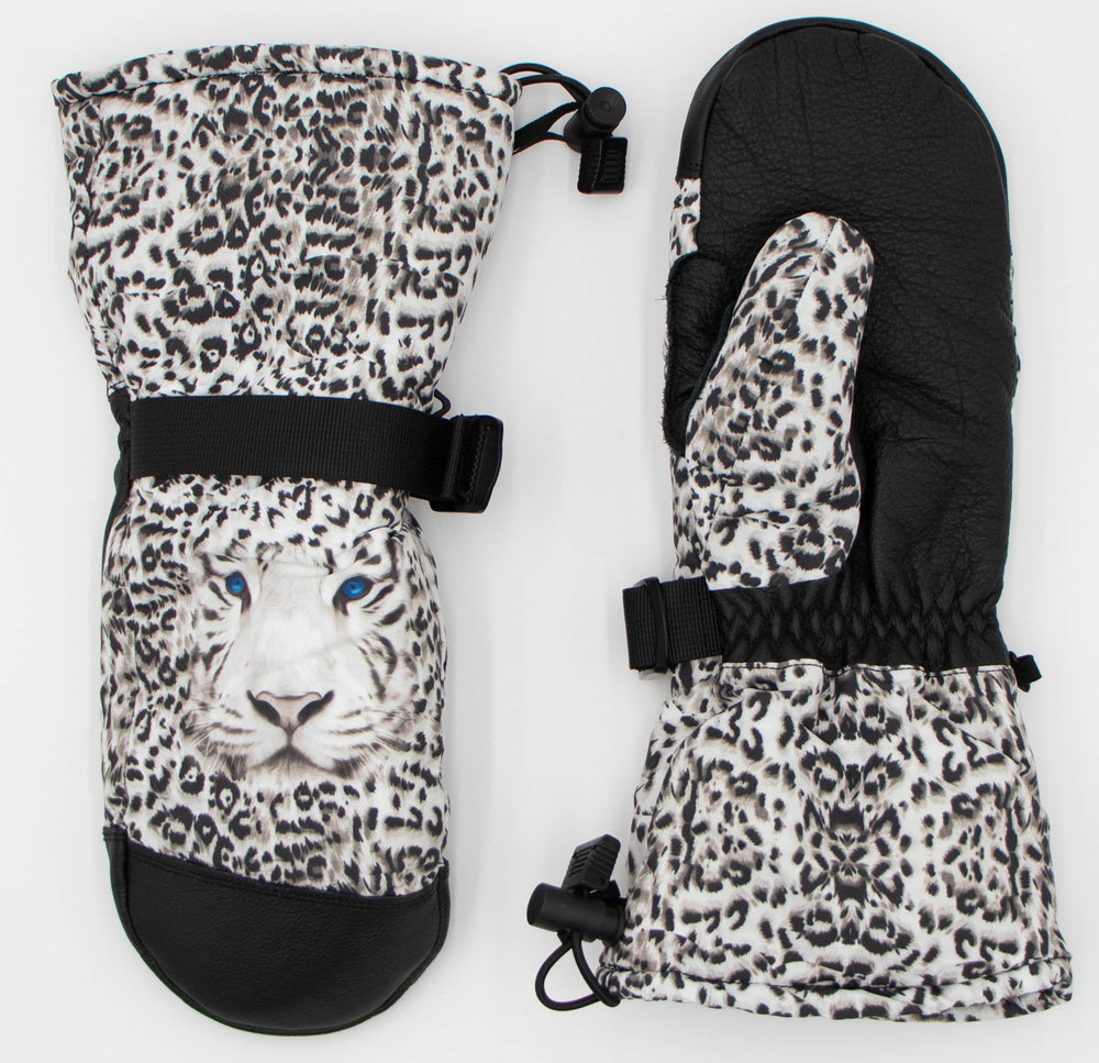 Pair of blue-eyed tiger print ski mittens with white tiger face, spotted print, and black palms, studio shot.