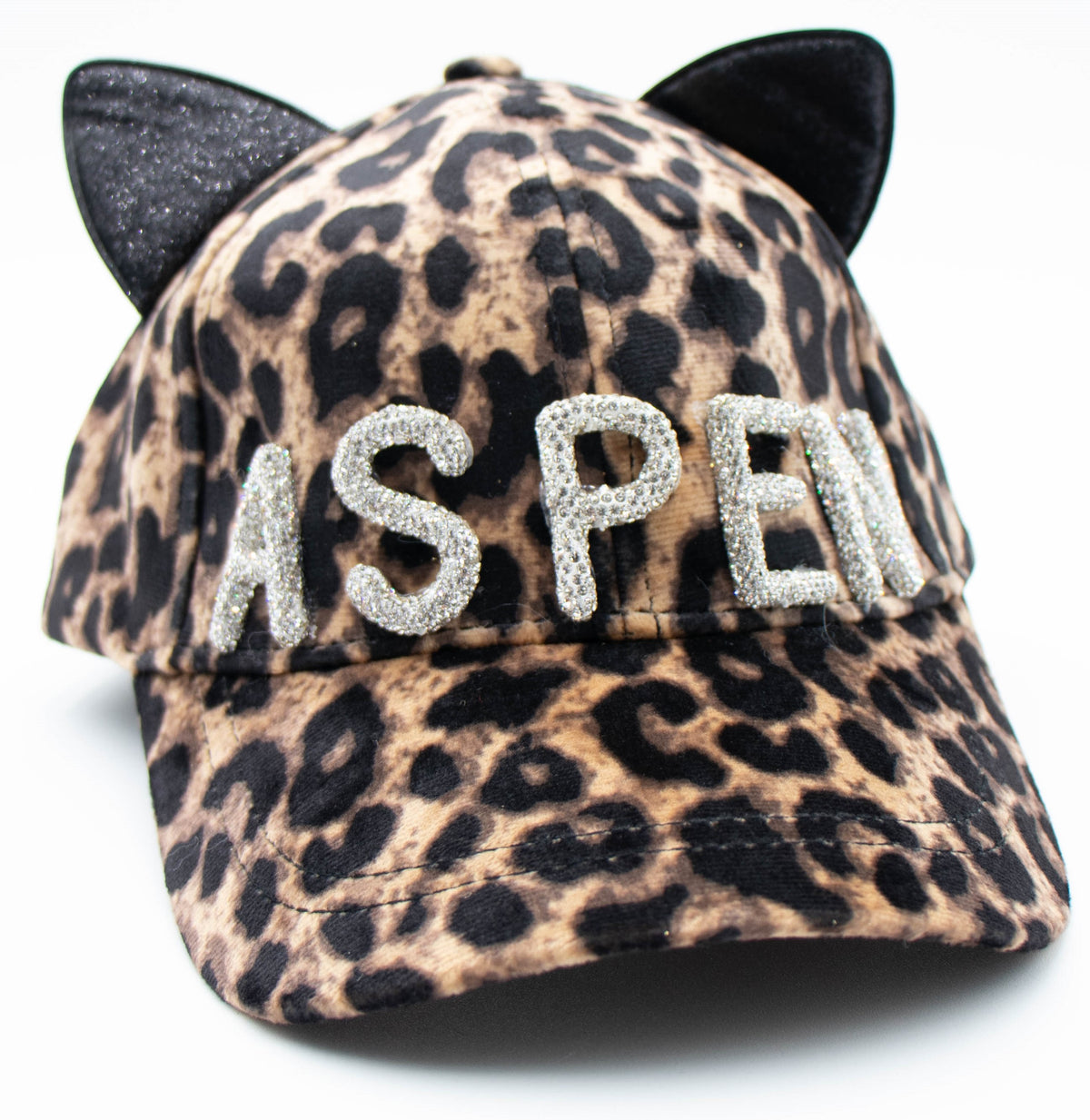 Crystal Aspen cat ear baseball cap with leopard print, black cat ears, and crystal ASPEN lettering, front view.