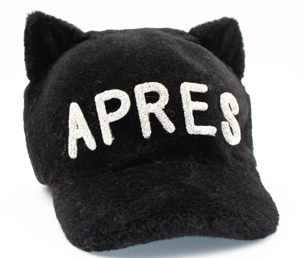 Front view of the black Apres cat ear crystal hat with crystal APRES letters, flat product shot on white.
