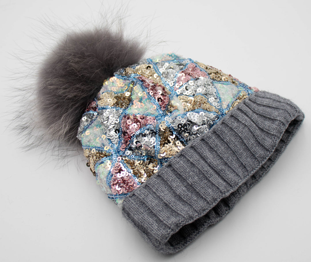 Sequin Knit Beanie With Fox Pom