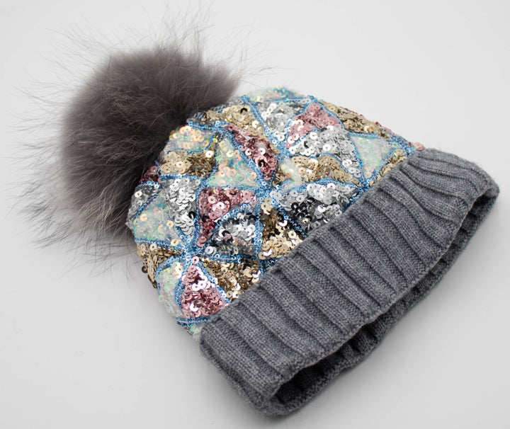 Sequin Knit Beanie With Fox Pom