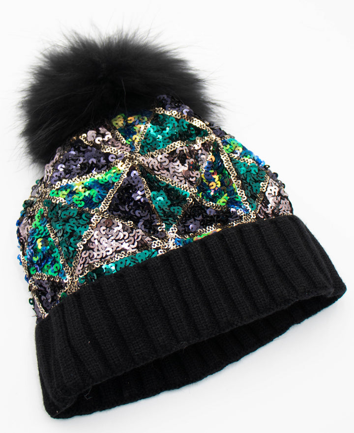 Sequin Knit Pom Beanie With Fox Pom