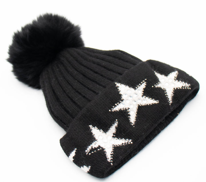 Crystal Star Knit Beanie With Fox Pom