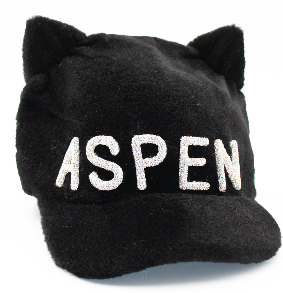 Black faux fur cat ear cap with white crystal ASPEN lettering, front view on a white background.