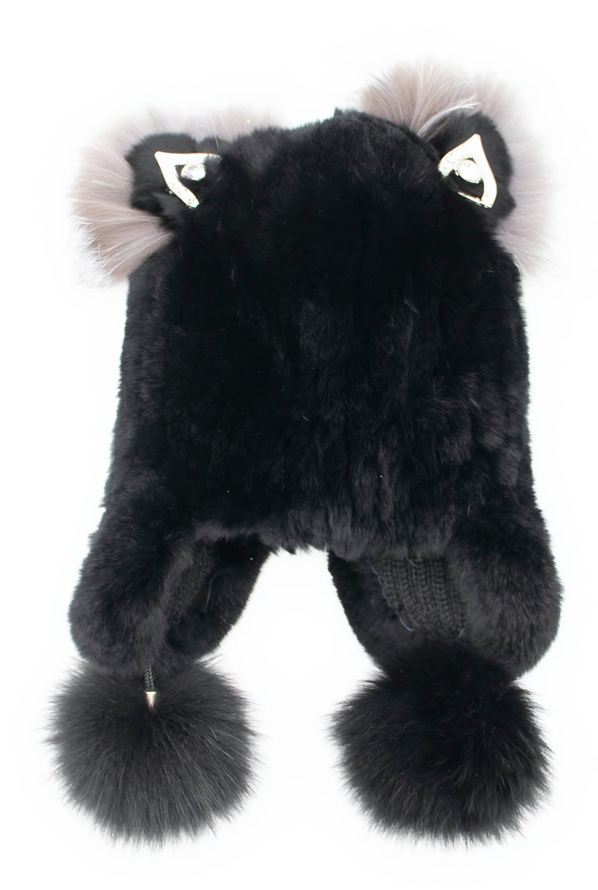 Back view of the kids black rex rabbit fur winter hat with cat ears, crystal ear accents, and fur pom-pom ties.