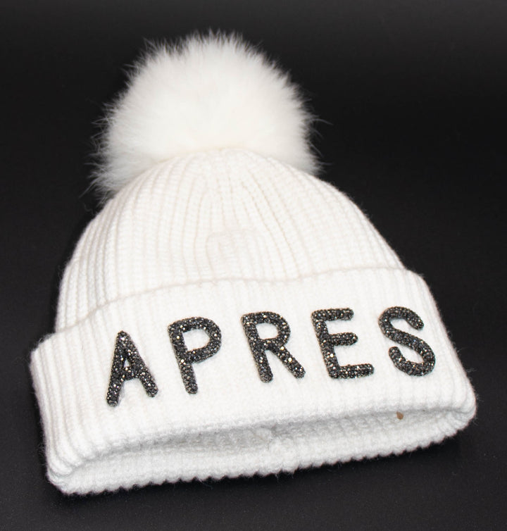 Crystal Apres Knit Beanie With Fox Pom