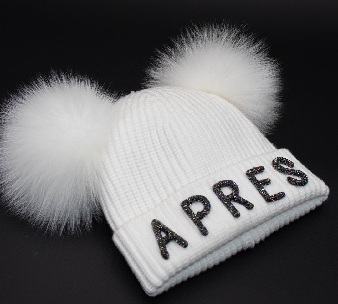 Crystal Apres Knit Beanie With Double Poms