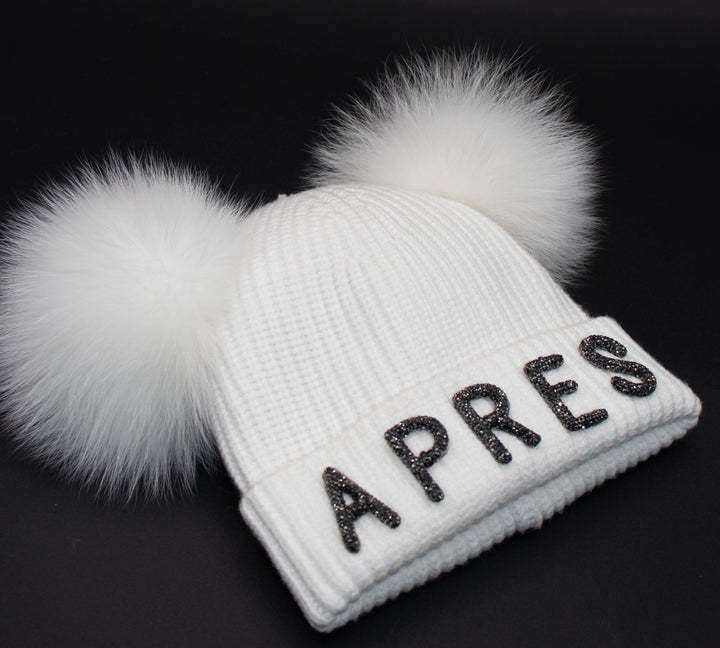 Crystal Apres Knit Beanie With Double Poms