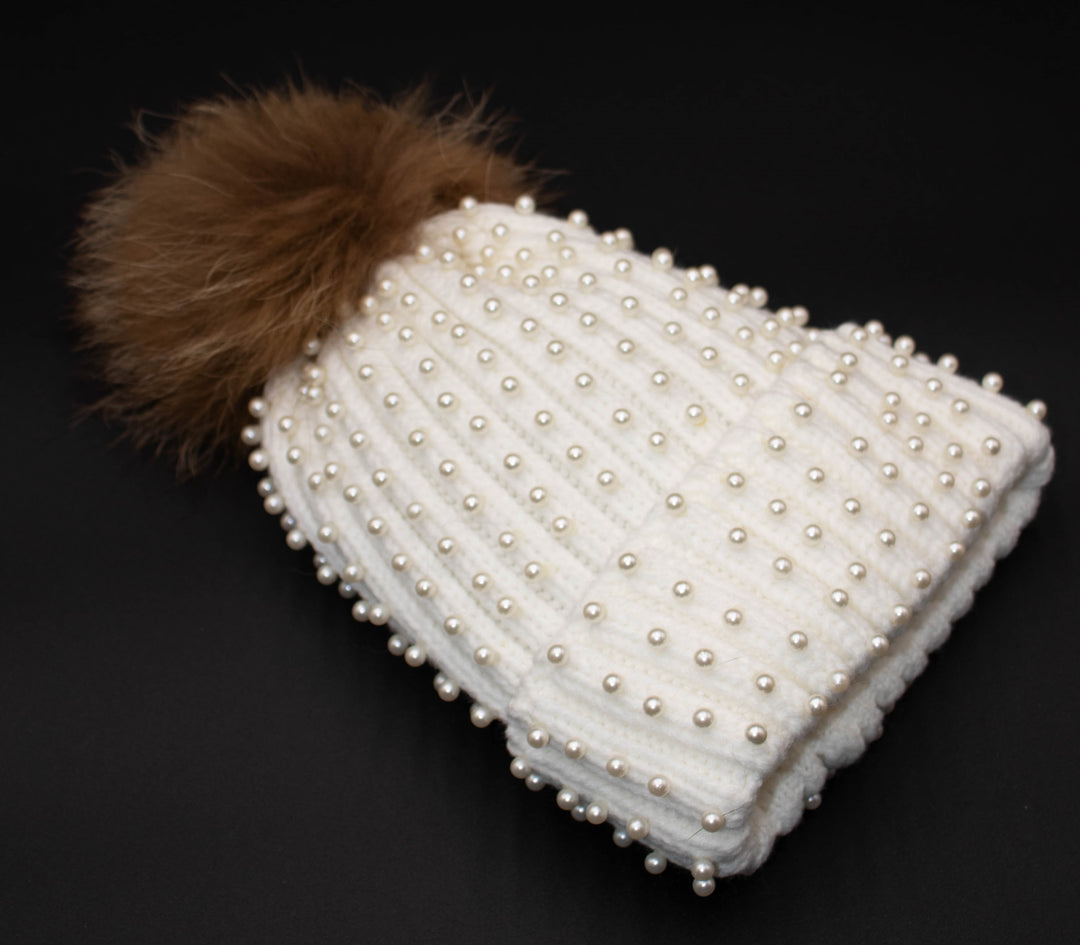 Pearl Knit Beanie With Fox Pom