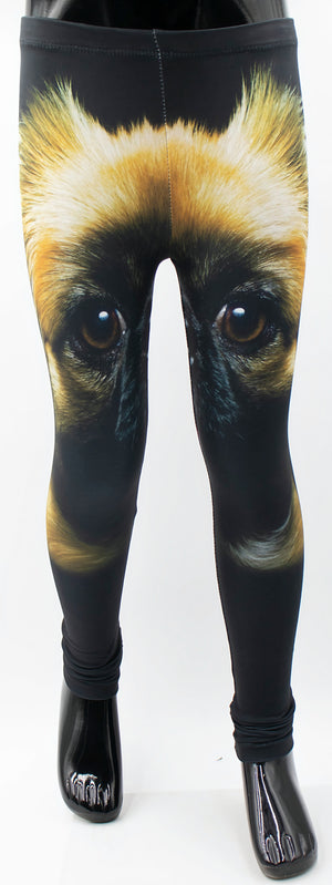 Kids Pekingese print leggings with a large realistic Pekingese dog face on black fabric, shown on a mannequin.