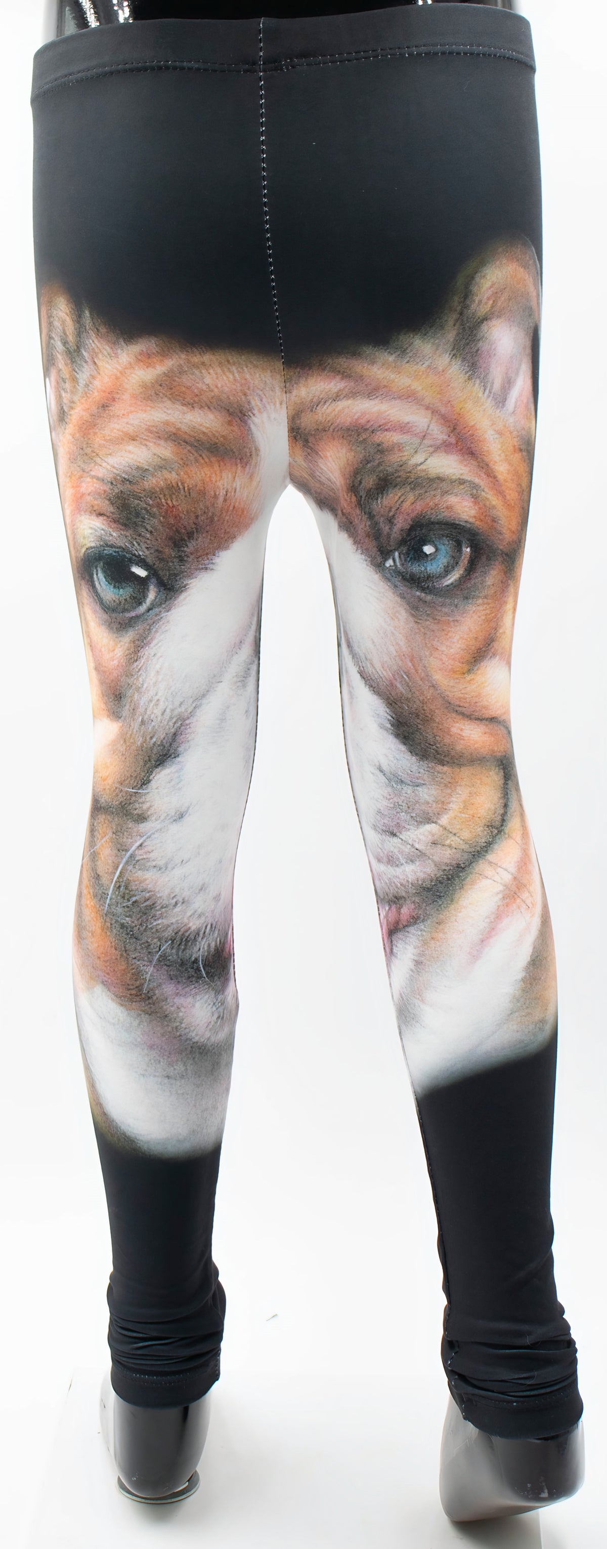 Back view of kids playful bulldog print leggings showing the oversized bulldog face design from behind on a mannequin.