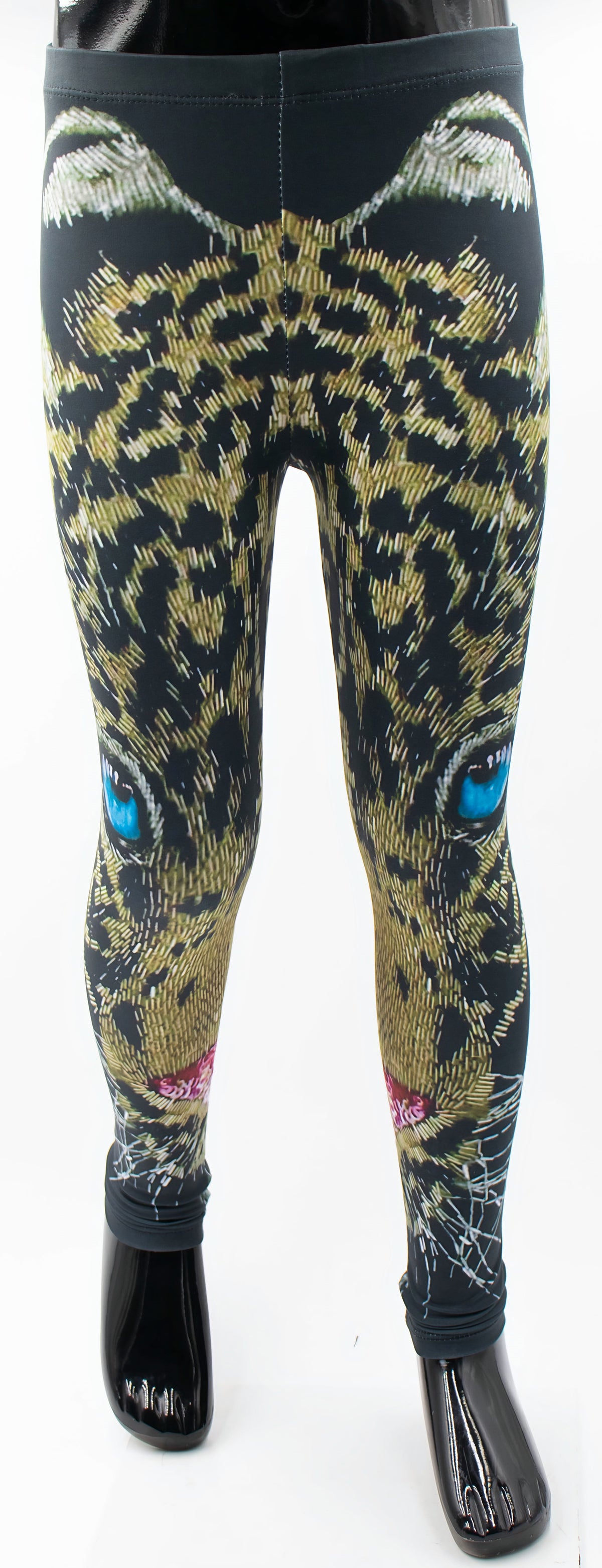 Blue-Eyed Leopard Print Girls Leggings, close-up