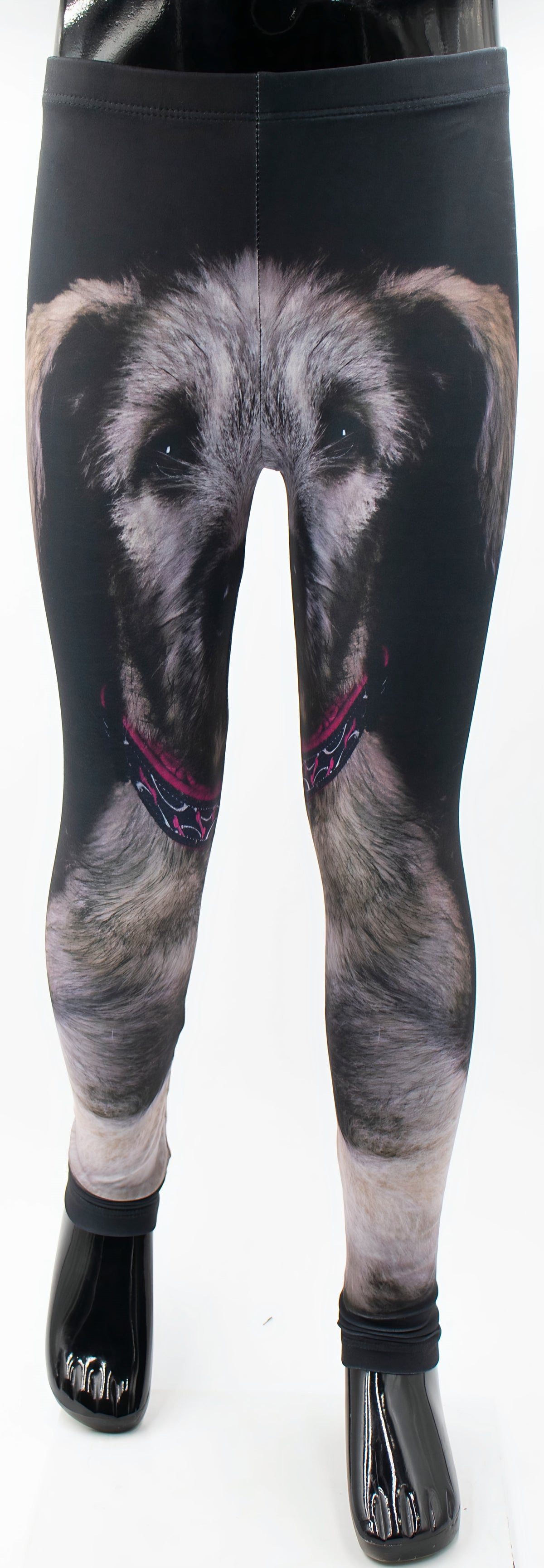 Front view of kids Irish Wolfhound print leggings on a mannequin, wolfhound face print with pink collar detail on black fabric.