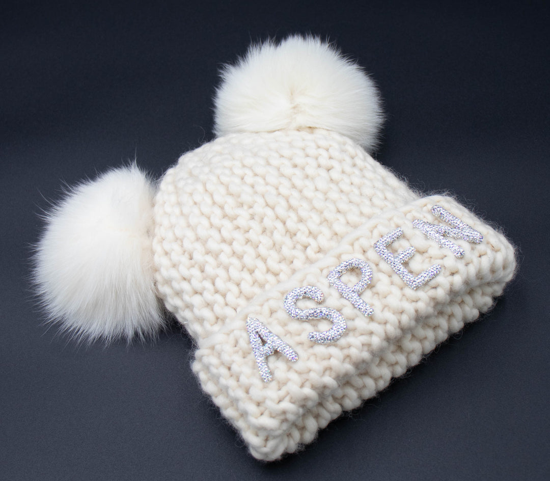 Crystal Aspen Chunky Knit Beanie With Double Fox Poms