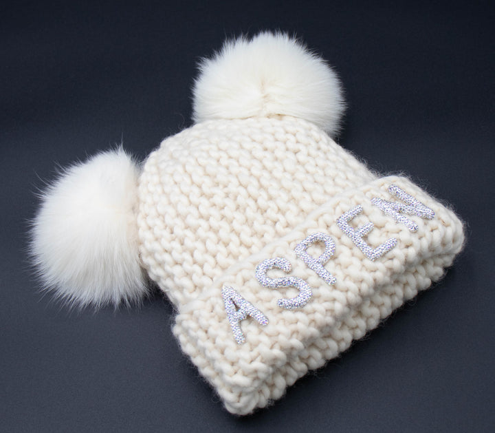 Crystal Aspen Chunky Knit Beanie With Double Fox Poms