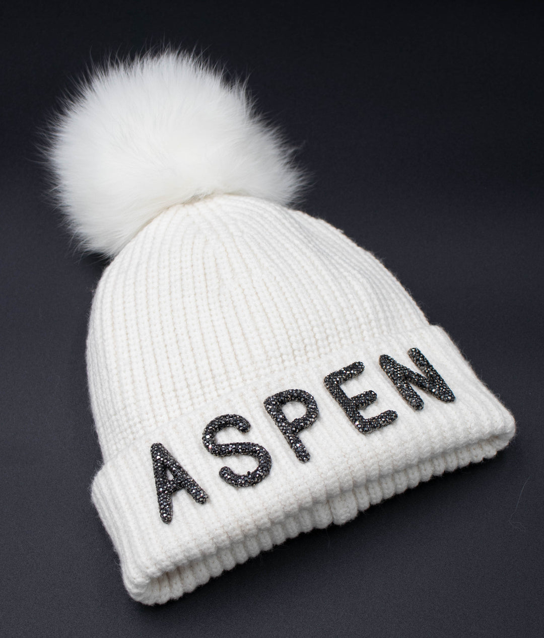 Crystal Aspen Knit Beanie With Fox Pom