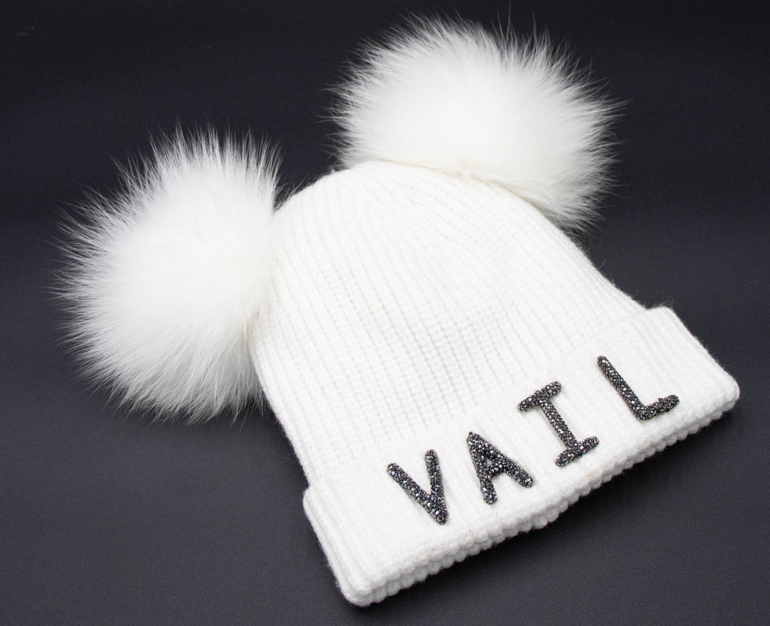 Crystal Vail Knit Beanie With Double Poms