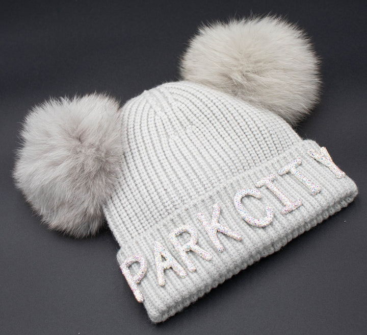 Crystal Park City Knit Beanie With Double Fox Pom