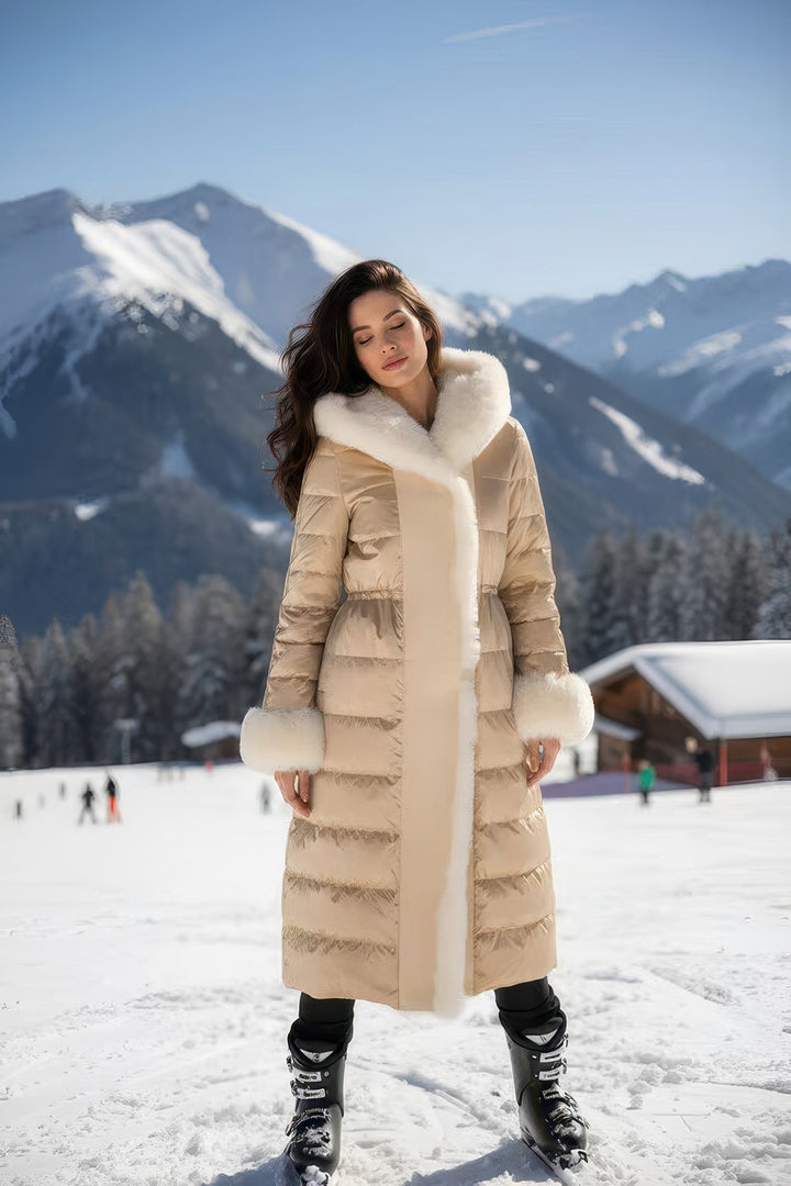 Satin Down Coat With Sheepskin Trim