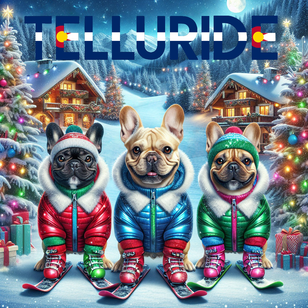 Denimaxx MAG 600 Telluride artwork: three French Bulldogs in colorful ski jackets and knit hats on skis in a snowy Christmas village.