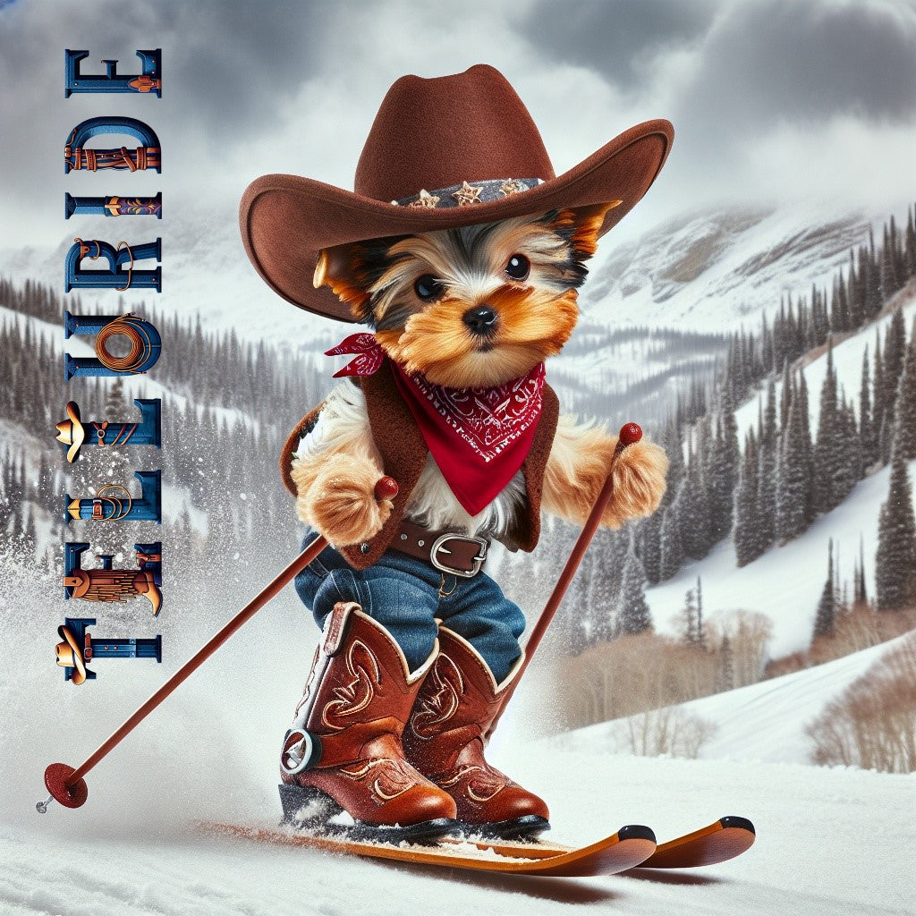 Denimaxx MAG 602 Telluride artwork: a Yorkshire Terrier cowboy in a brown hat, red bandana, and boots skiing down a snowy slope.