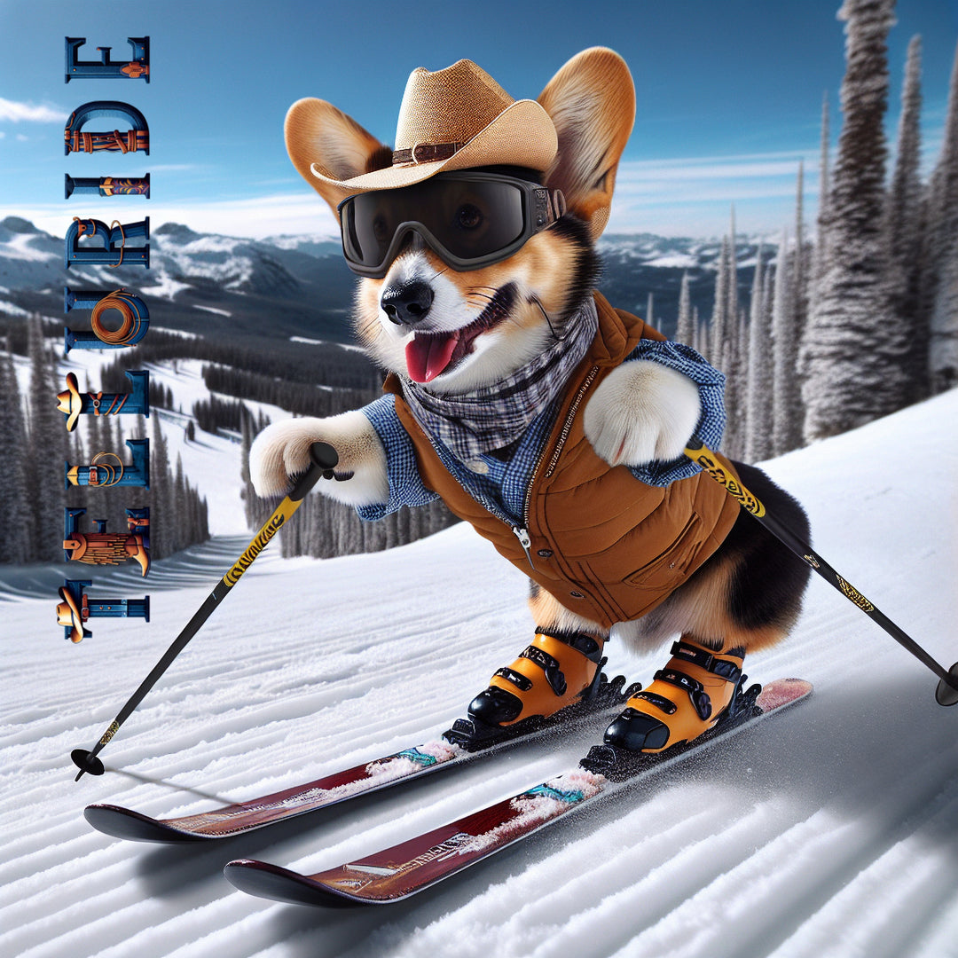 Denimaxx MAG 603 Telluride artwork: a smiling Corgi in a cowboy hat, goggles, and quilted vest skiing with poles in the snow.