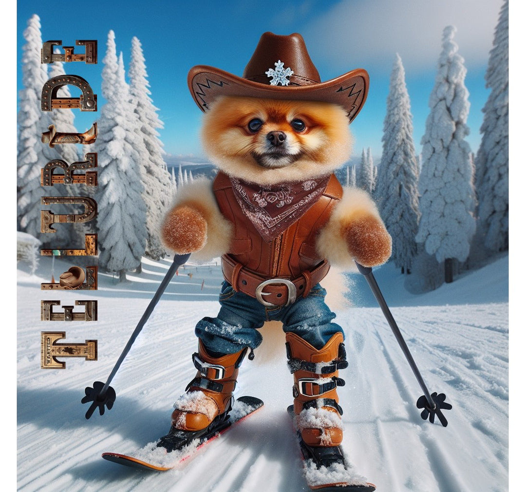 Denimaxx MAG 604 Telluride artwork: a fluffy Pomeranian cowboy with a snowflake hat, bandana, and leather vest skiing between snowy pines.