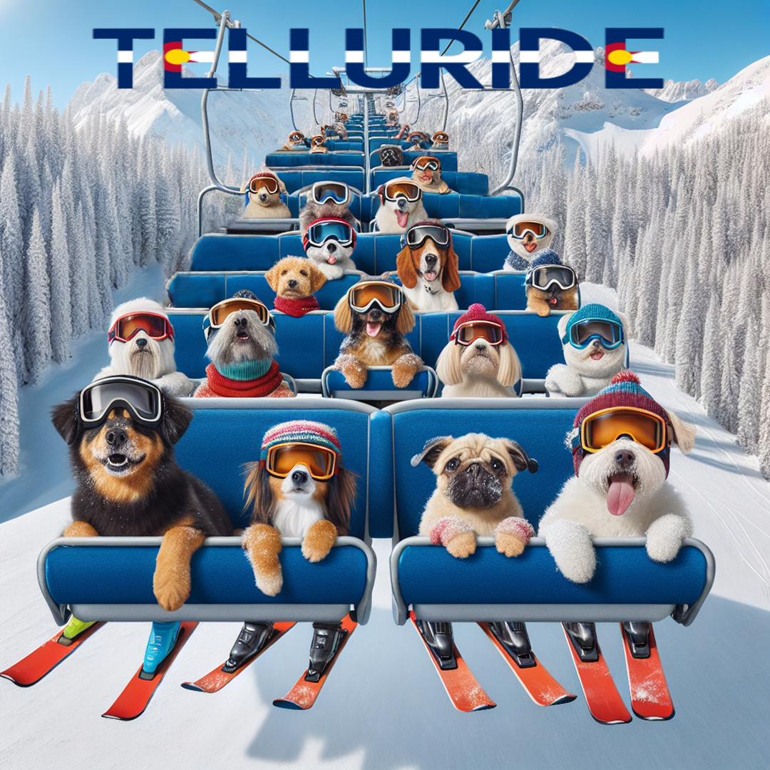 Denimaxx MAG 605 Telluride artwork: dozens of dogs in ski goggles riding a chairlift with skis dangling, snowy forest below.