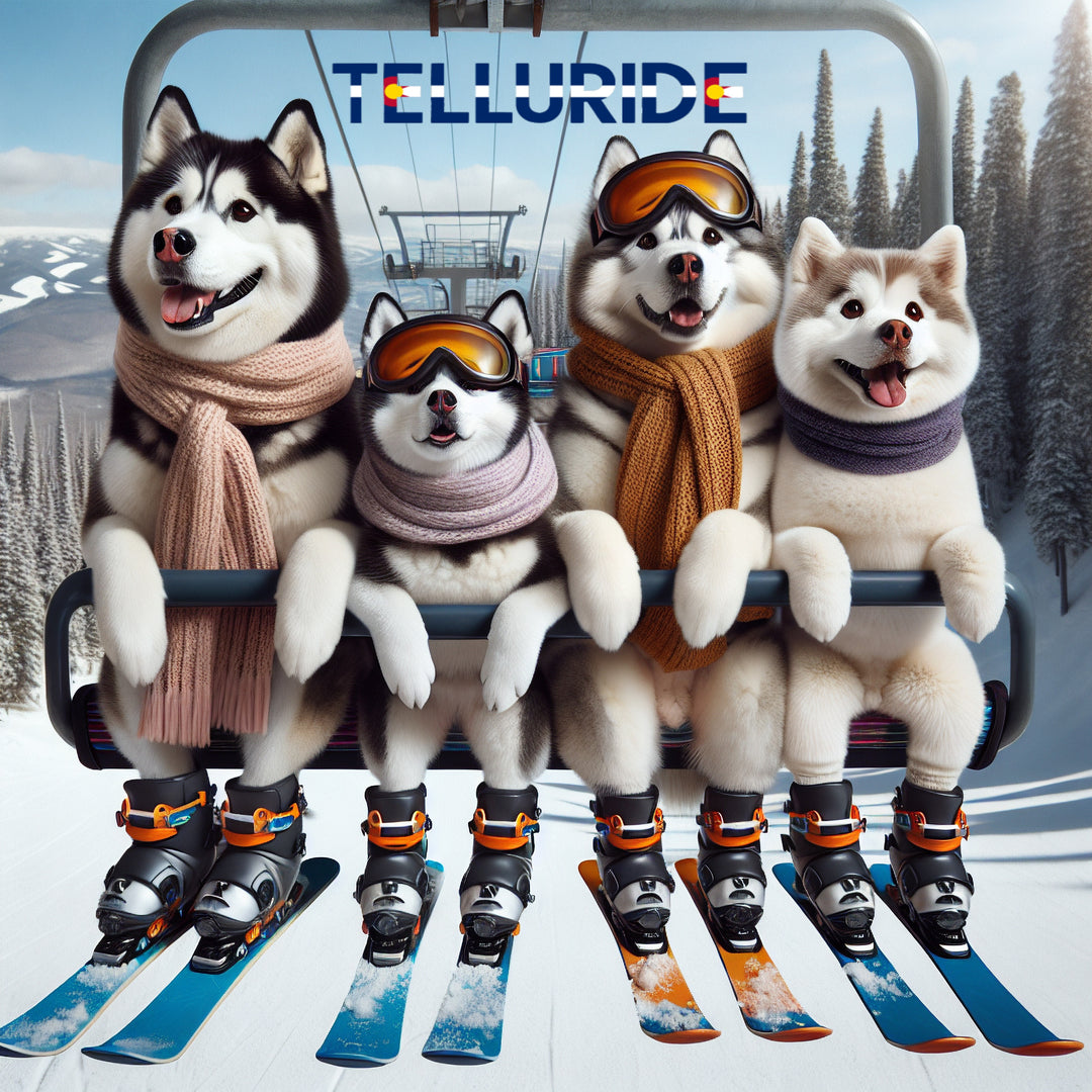 Denimaxx MAG 606 Telluride artwork: four Huskies in scarves and ski goggles riding a chairlift with skis and boots on.