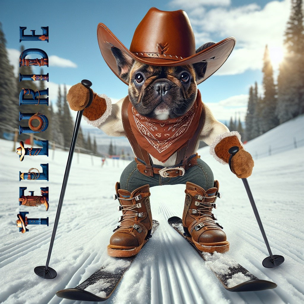 Denimaxx MAG 607 Telluride artwork: a French Bulldog cowboy in a brown hat, bandana, jeans, and boots skiing with poles.