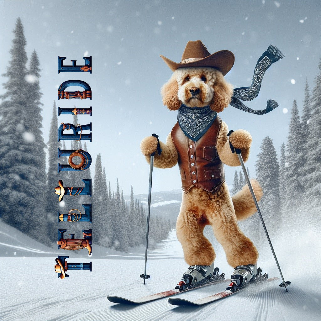 Denimaxx MAG 608 Telluride artwork: a fluffy cream Doodle cowboy in a brown hat, blue bandana, and leather vest skiing in falling snow.