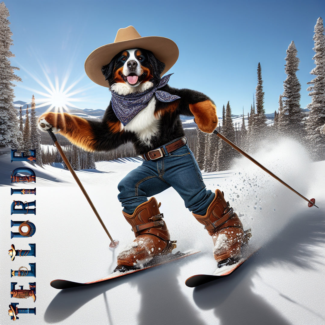 Denimaxx MAG 609 Telluride artwork: a Bernese Mountain Dog cowboy in a tan hat and bandana carving a turn on skis, snow spraying.